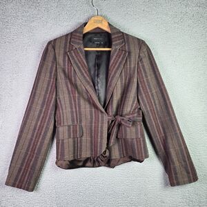 BCBGMaxazria Y2K Wrap Blazer Brown Plaid Satin Peplum Hem Bow M